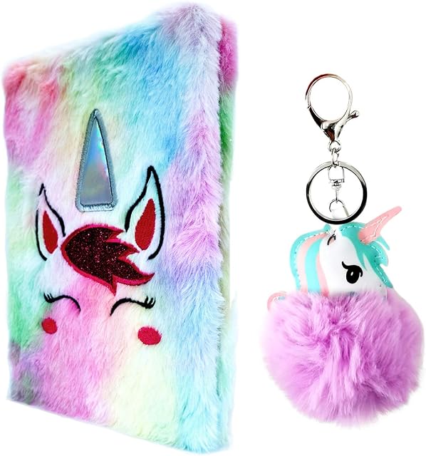 Unicorn Notebook, Cute Cartoon Unicorn Diary, Fluffy Plush Notebook, Creative Travel Journal, Notepad with Soft Fluffy Plush Cover, Unicorn Gifts for Girls Kids and Students
