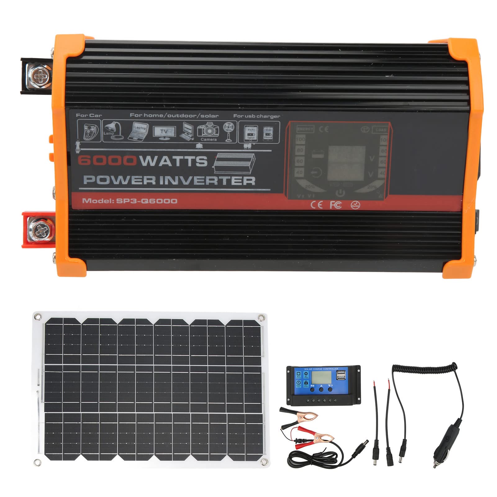 Kit Pannello Solare Potenza 18 W, Pannello Solare Monocristallino Ad Alta Efficienza, Controller 30 A 12 V 24 V e Kit Inverter da 500 W, per Auto, Barca Marina, Campeggio All'aperto(Nero)
