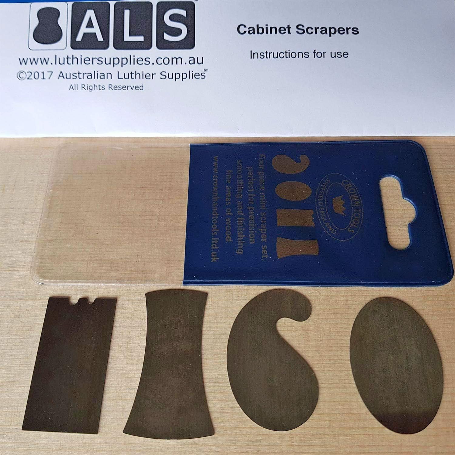 ALS Mini Cabinet Scraper Set of 4 with Instructions - for Woodwork & Guitar Making - Scrapers Made in Sheffield England - Instructions by Australian Luthier Supplies