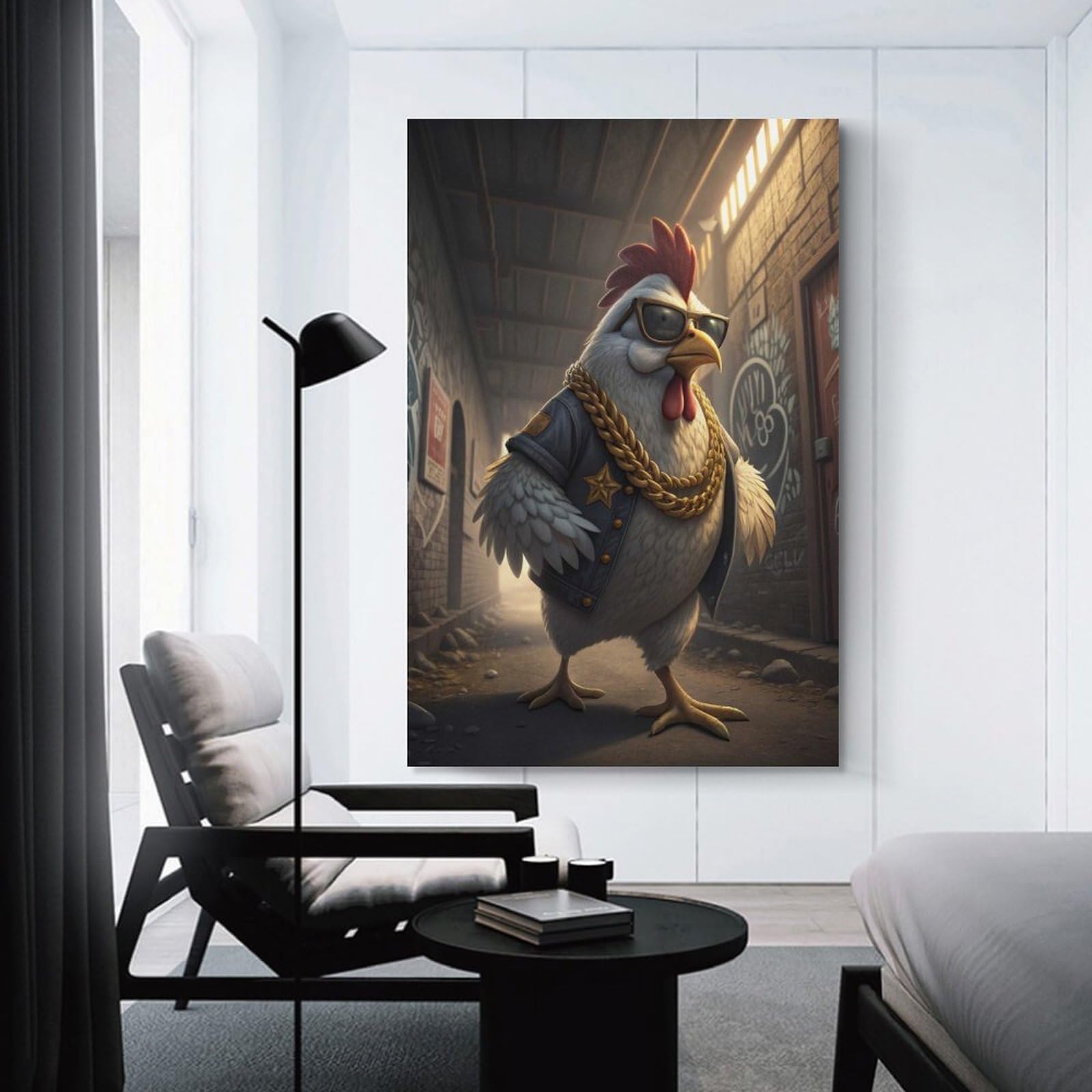 Junmoney Cool Chicken in Alleyway Canvas Art Print, 24x36inch(60x90cm), for Wall Displays, Bedrooms Or Room Updates, Home Wall Art for Statement Displays