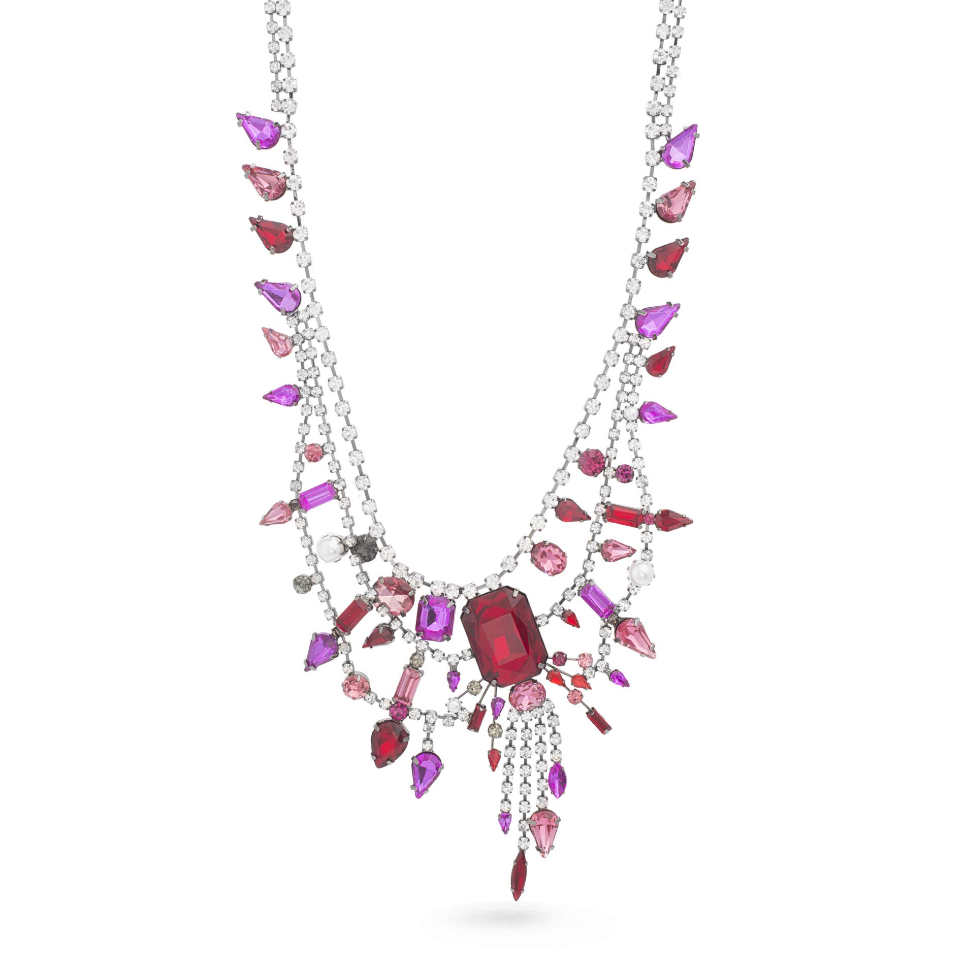Women's Red and Pink Triple Layer Fringe Design Gunmetal-Tone Bib Necklace