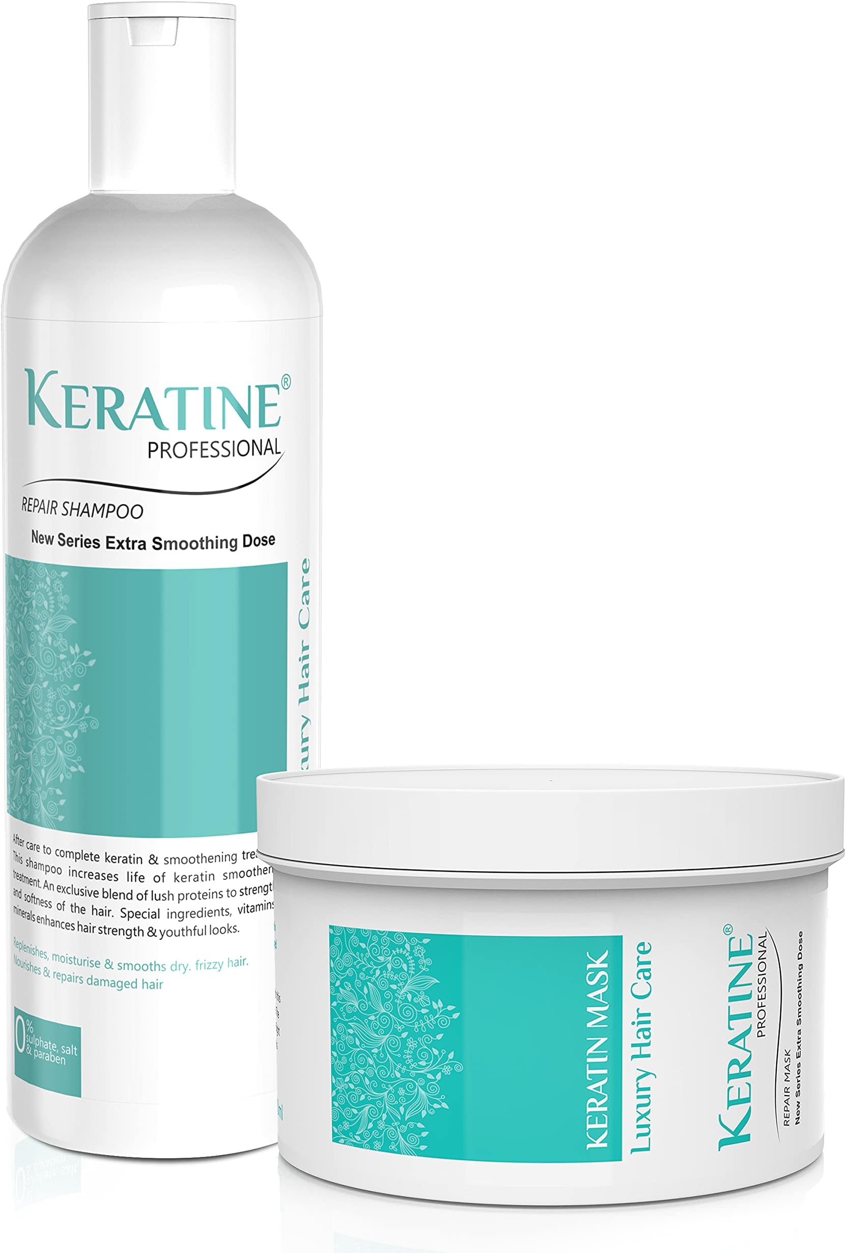 Keratine Professional Sulphate-Free Smoothening Shampoo & Hair Repair Mask Combo | 500ml Each | For Dry, Damaged, Frizzy Hair | Deep Nourishment