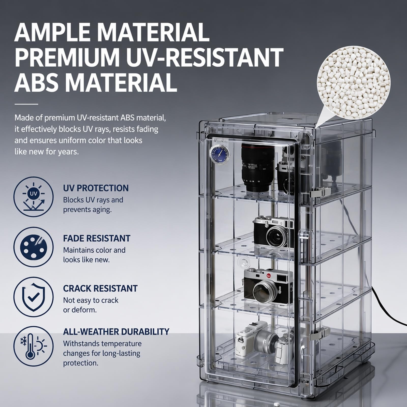 Szafa sucha ABS do aparatu, 26 l/42 l/58 l/74 l, przezroczysta | Elektroniczny osuszacz powietrza z higrometrem, regulacja wilgotności, do przechowywania obiektywów i sprzętu(26L)