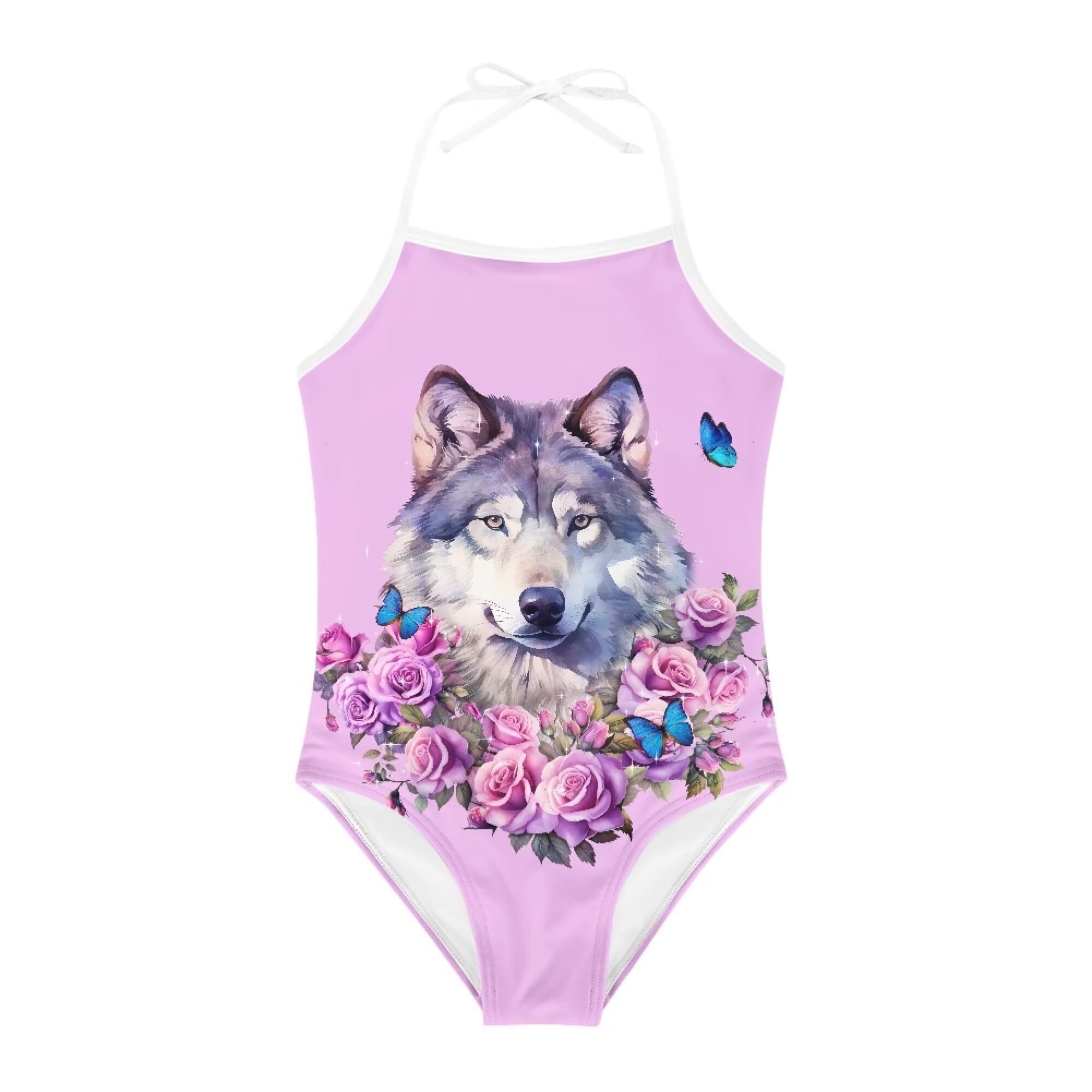 Wolf Flower Girls One Piece Swimsuits 3-4 Backless Elastic Hawaiian Beach Halter Bathing Suit Beach Vacation Vibrant Color Athletic Swim Suit for Girls
