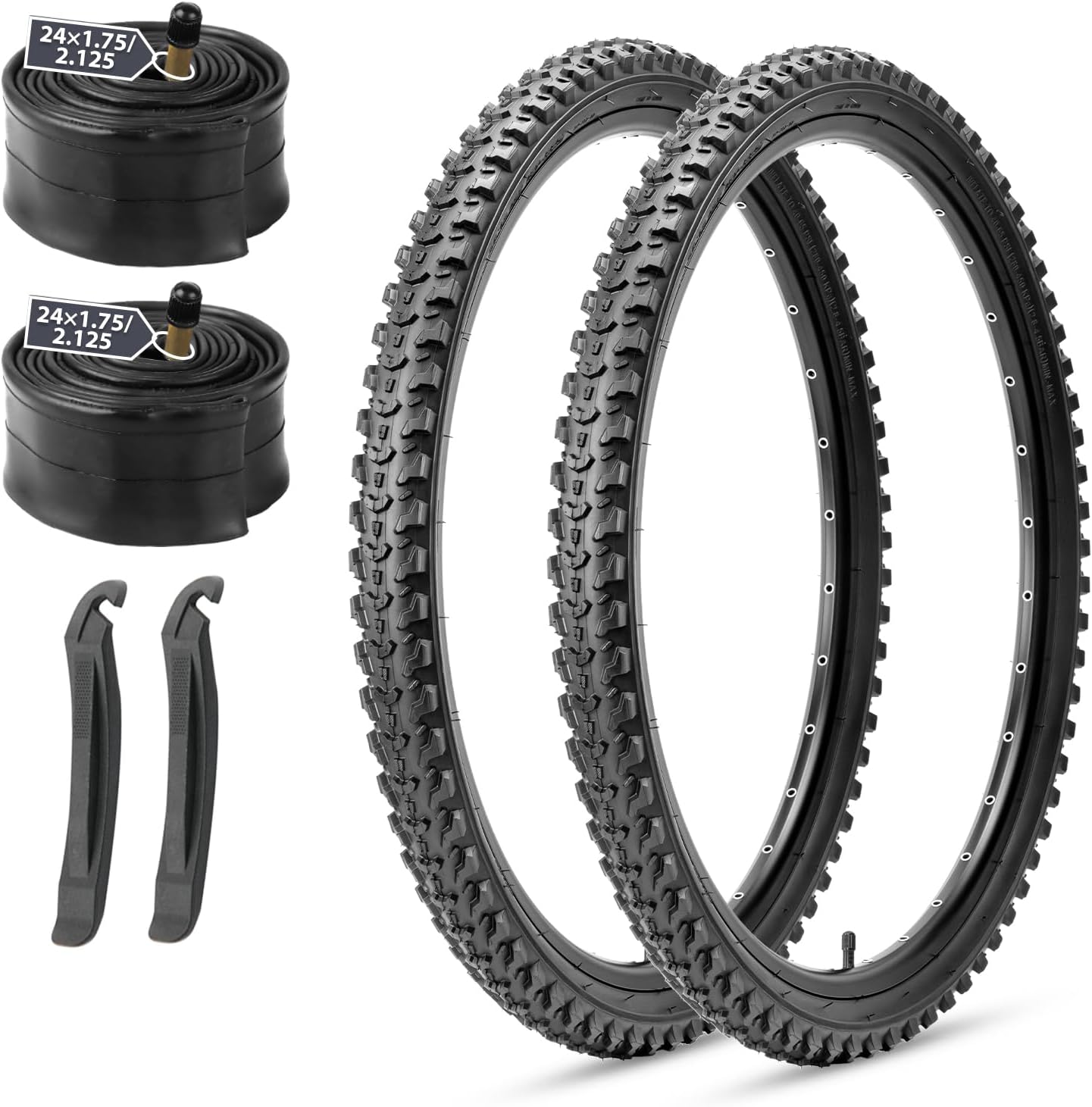 MOHEGIA Mountain Bike Tires Set: 2 Pack 20/24/26x2.125 Inch Folding Bicycle Tires Replacement and Pair 20/24/26 Inch Inner Tubes Schrader Valve with Tire Levers