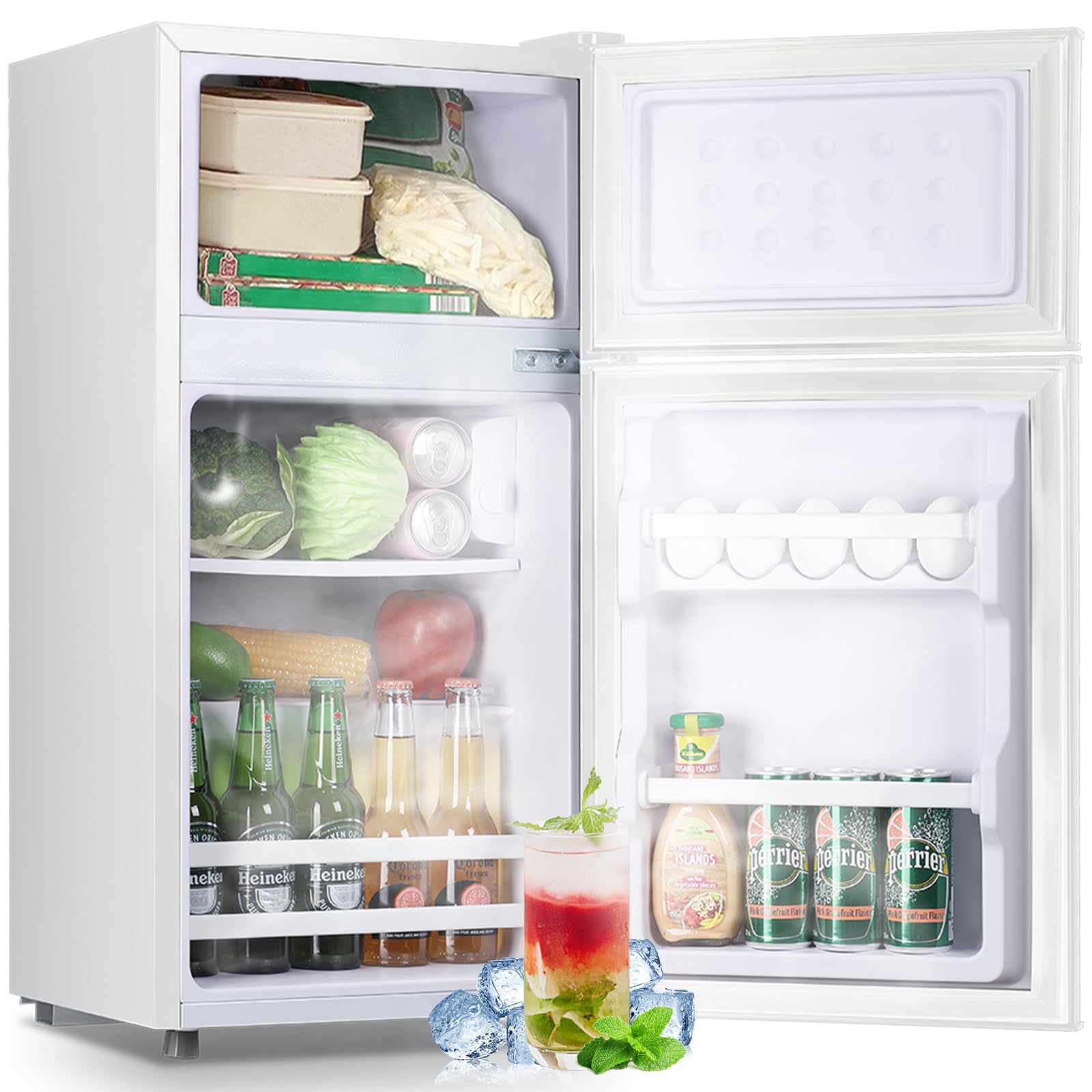 DEMULLER Retro Mini Fridge with Freezer Dual Door Apartment Size Small Refrigerator with Egg Tray, Dorm Fridge with Removable Plastic Shelves, 2.4Cu.ft, 14.96" D x 14.57" W x 30.8" H, White on Fridge.com
