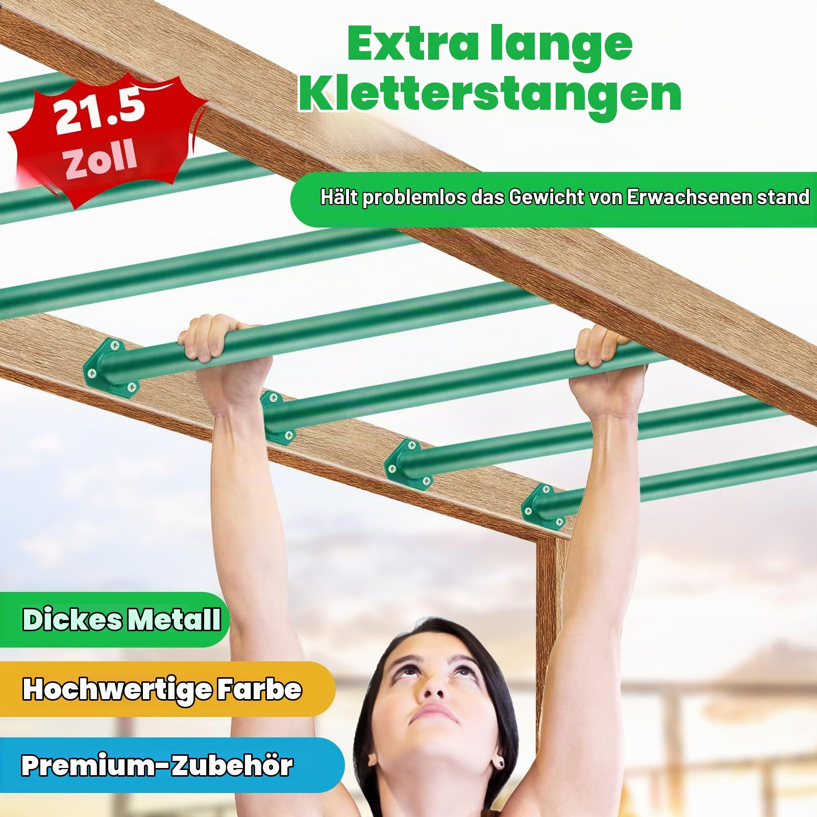 15 Set Metall Monkey Bars Leitersprossen Set für Hinterhöfe, Spielplatz und Kinder Indoor und Outdoor Klettern Kit (21,5 Zoll, Grün)