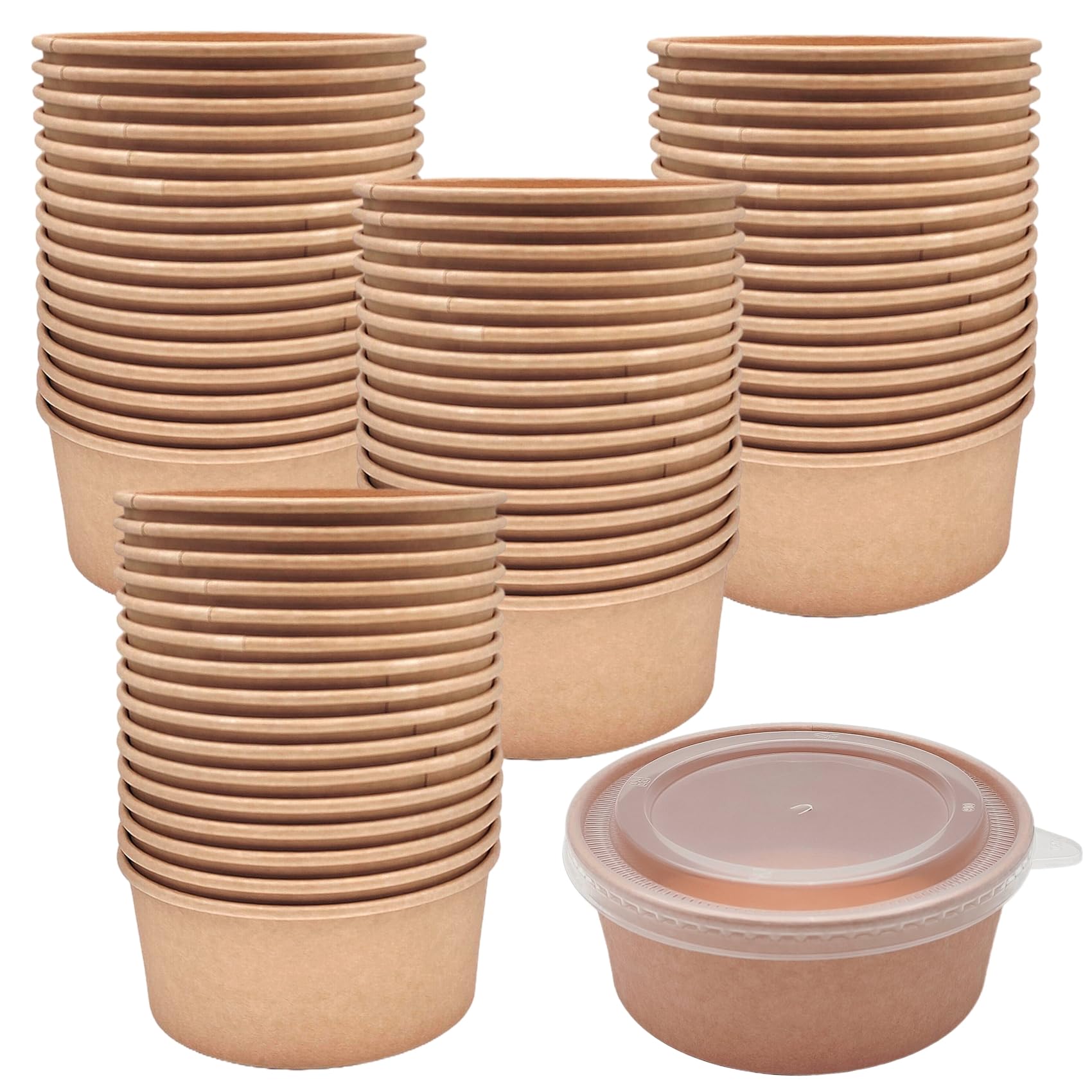 Paquete de 50 cuencos de papel kraft con tapa transparente, 25 onzas, cuencos de papel para servir ensaladas, microondas y congelador, recipientes de alimentos para barbacoa, reuniones y