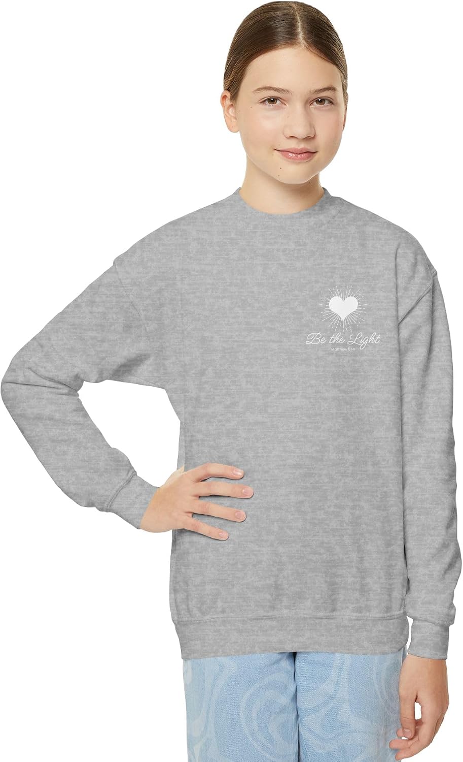 Girls Youth Crewneck Sweatshirt — Be the Light Heart Design (Matthew 5:14).