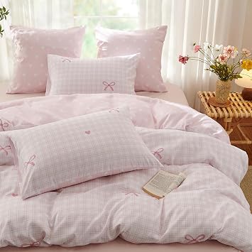 Bow Twin Size Duvet Cover - Geometric Chart in Pink on Side A, White Heart in Pink on Side B, Comforter Cover Soft Microfiber Quilt Cover with Zipper Closure and 1 Pillowcase