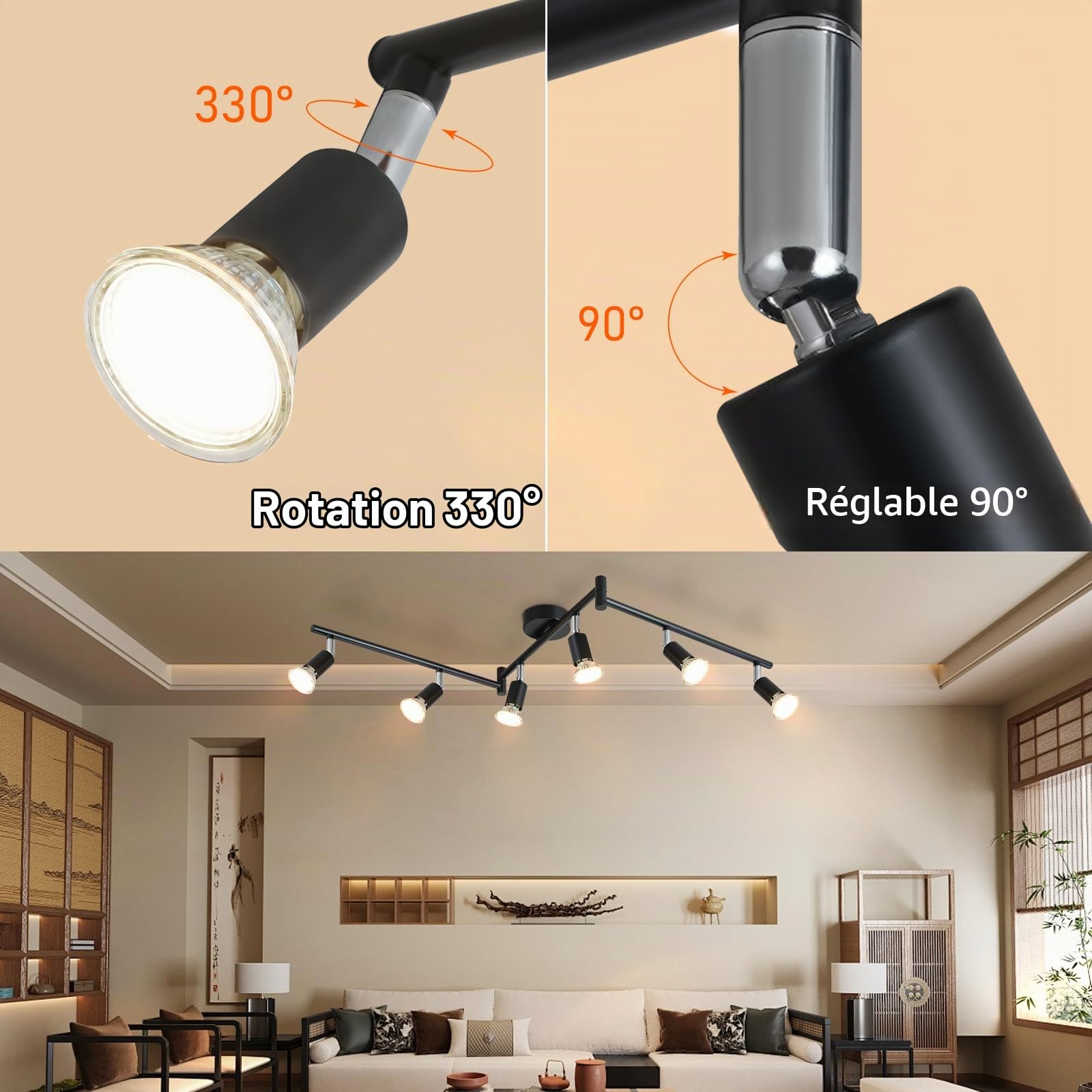 Plafonnier LED 6 Spot GU10 Éclairage Plafond Noir Luminaire Spot