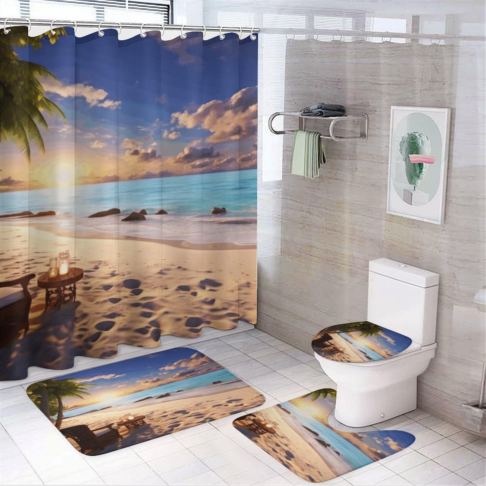 Ensemble de salle de bain avec rideau de douche imprimé plage et tapis