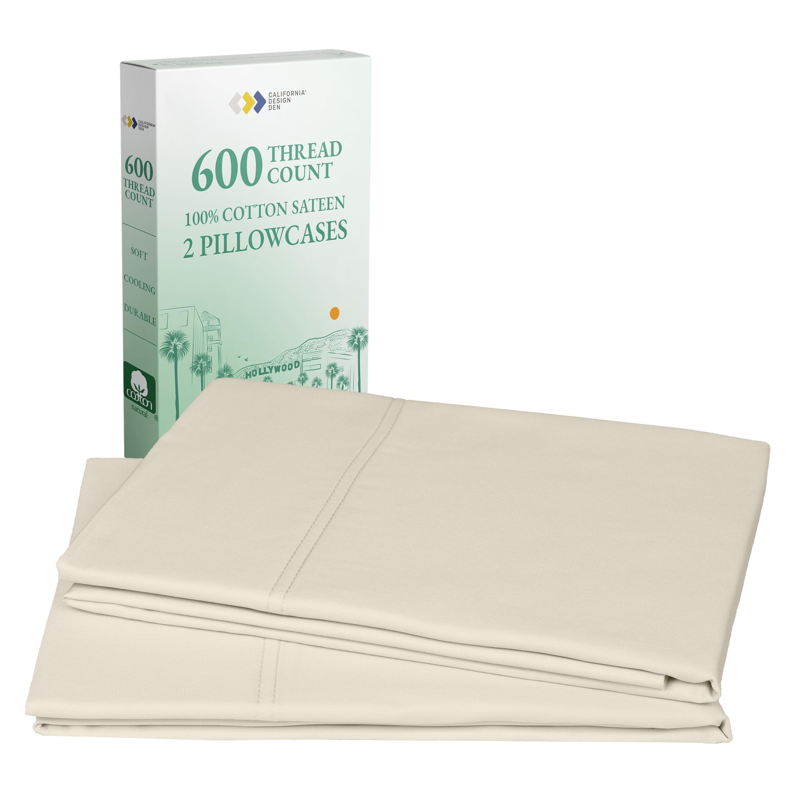 California Design Den Luxuriously Soft Hotel Quality 600 Thread Count, 100% Cotton Set of 2 Cases, Crisp & Cool Pillowcases Queen Size Set of 2 Fits Standard & Queen Pillows - Ivory (Warm Cream)