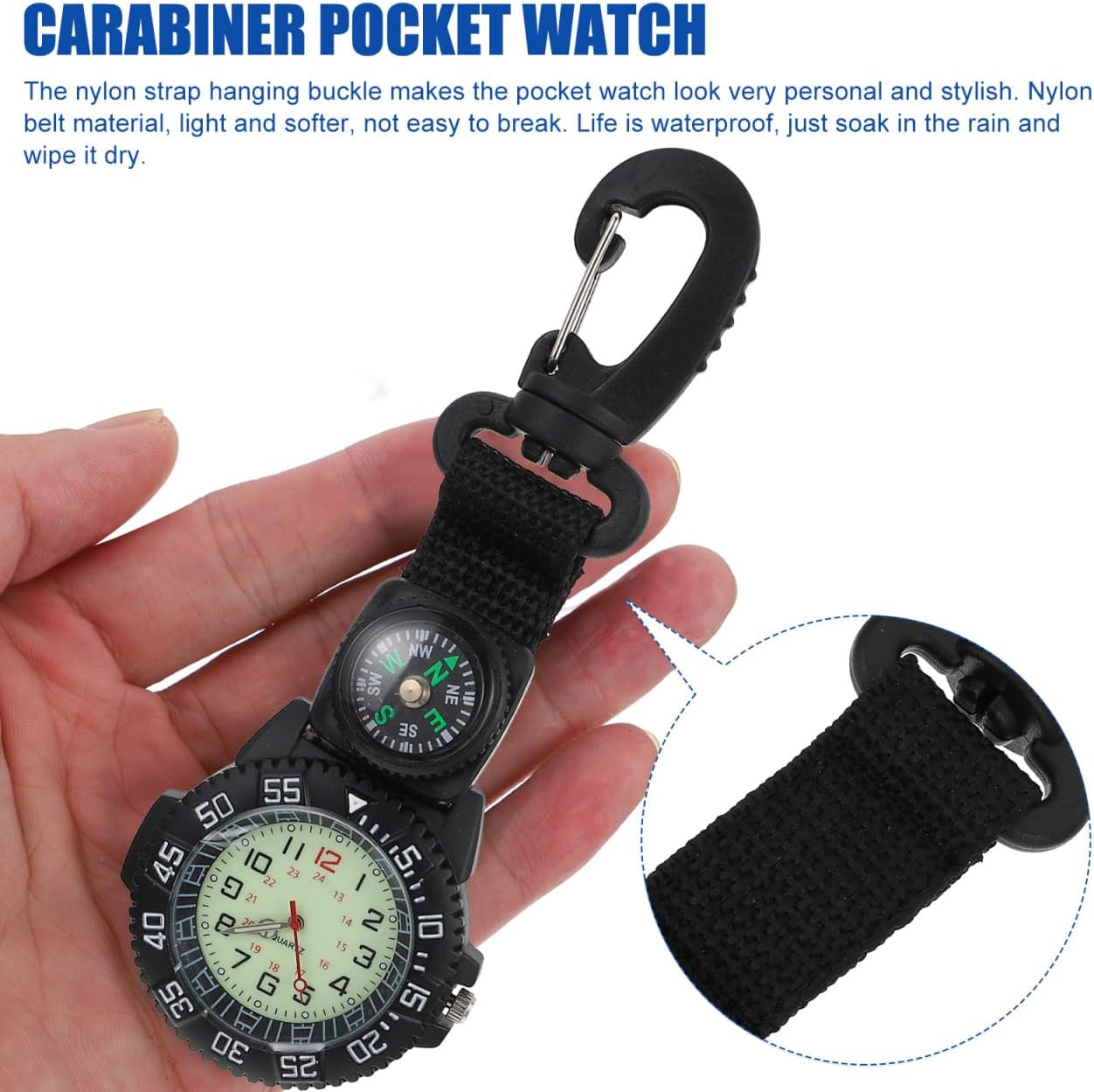 Hemobllo Carabiner Pocket Watch with Compass Outdoor Hanging Clip Watch for Hiking Backpackers Camping Sports 5.03X1.88X0.39In
