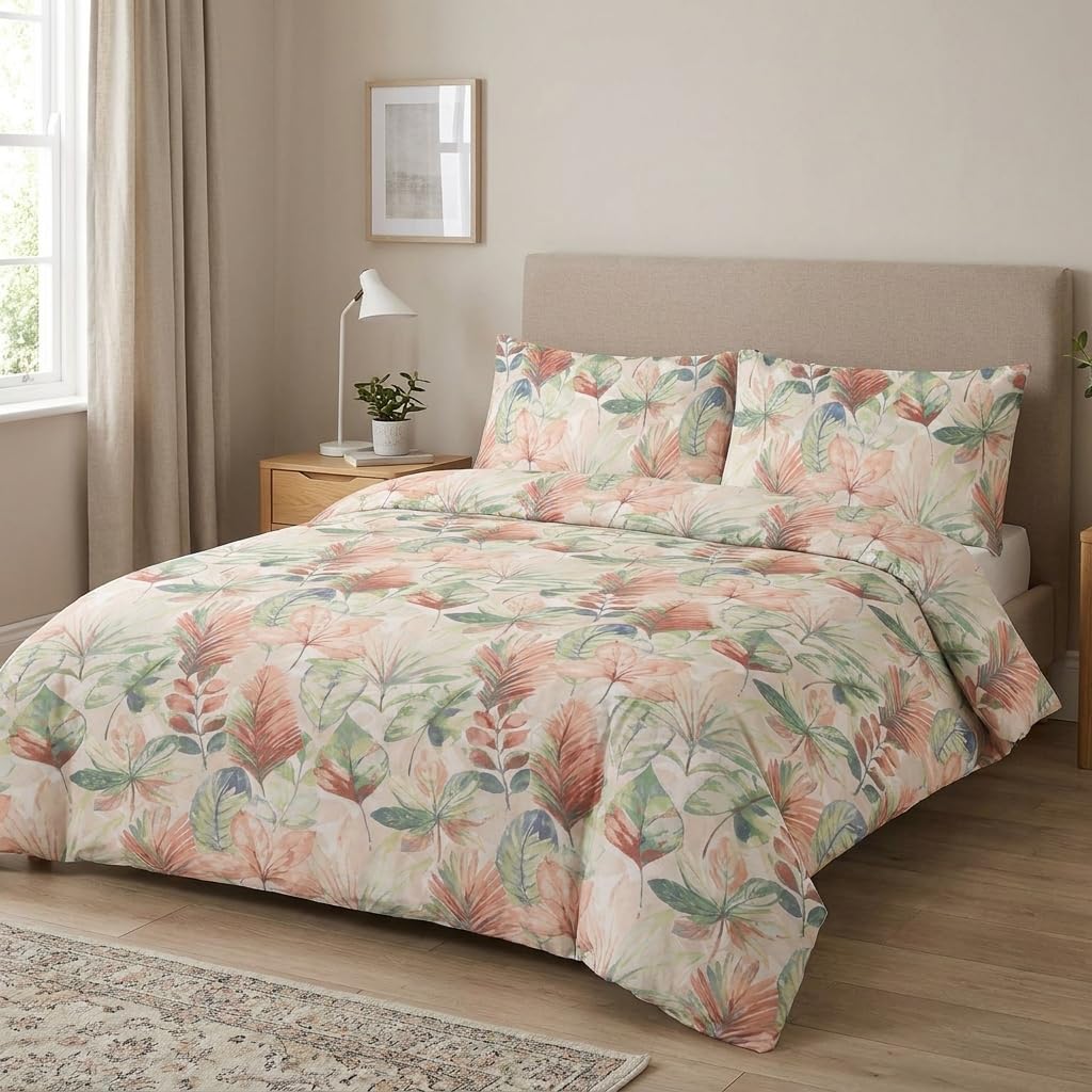 M&J Home 3 Piece Double Duvet Cover Set, Floral Blush Green, 100% Natural Cotton, 144 Thread Count, OEKO-TEX Certified, Button Closure, Includes Duvet Cover & Pillowcases