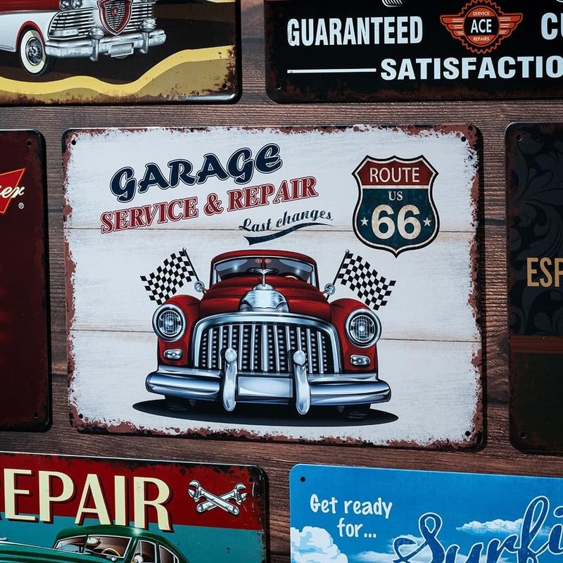 Image of Eazywagon Decorative Retro Metal Signs Wall Plate -12x8 Inch (Route 66 Garage Service & Repair) | Weatherproof Vintage Metal Sign Plate for Cafe, Home, Bar, Garage | Decorative Wall Hanging Sign Board