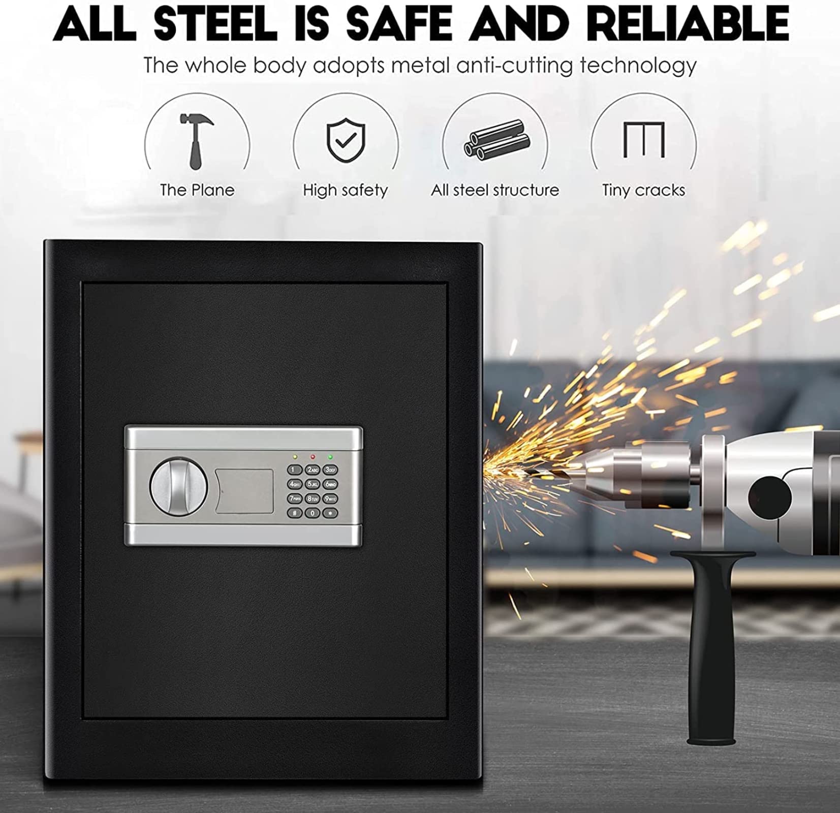 Cassaforte di Sicurezza a Muro, 43L Cassaforte da Armadio Elettronica Digitale Tre Bulloni con Codice e Chiave Cassaforte a Muro con Allarme per Uso Domestico, Hotel, Ufficio