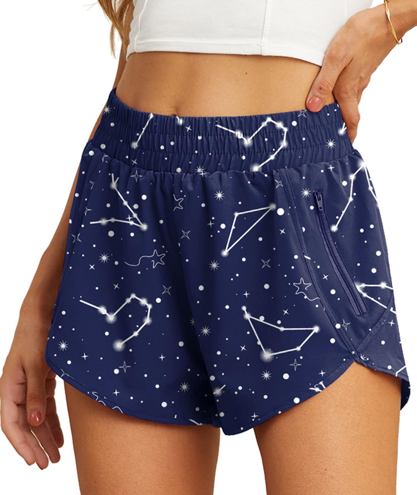 PrinStory Women's Running Shorts Summer High Waisted Quick Dry Athletic Work Out Gym Zipper Pocket Shorts with Liner