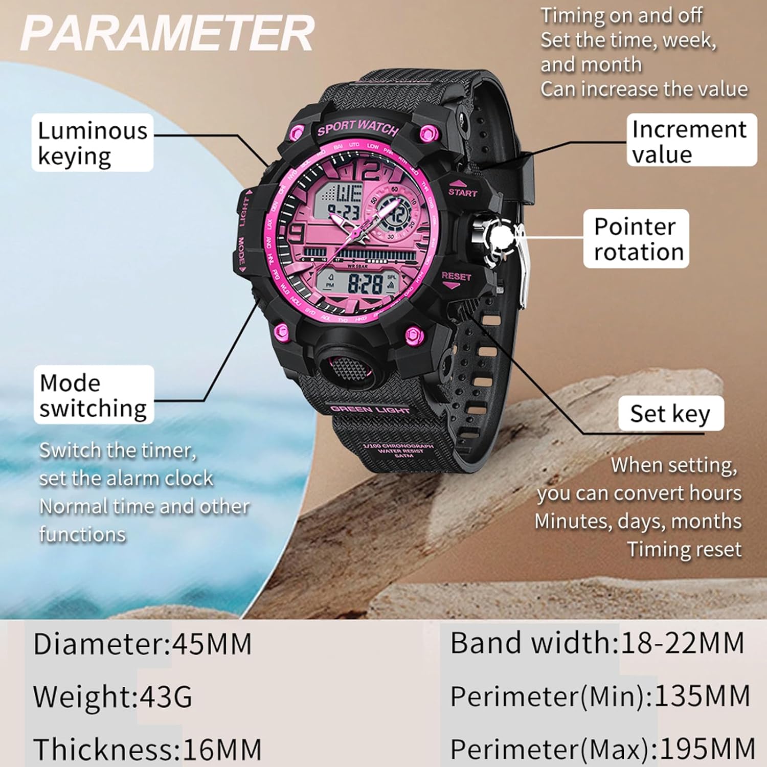 findtime Women's Sport Watch Digital Waterproof Watches Military Watches Analog Outdoor Wrist Watch LED Luminous Alarm Stopwatch Dual Time Wristwatch - Image 6