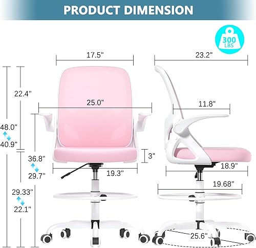 Miniatura 54 de Silla de dibujo alta con anillo reposapiés para el hogar y el trabajo, silla ergonómica de oficina para el hogar con brazos abatibles y soporte