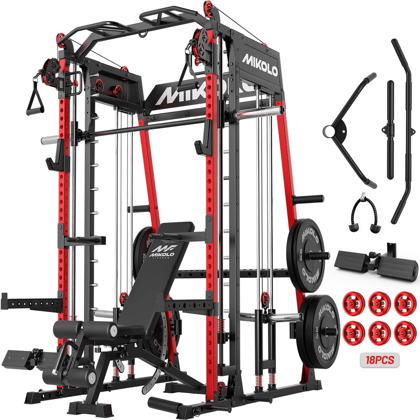 Mikolo M4 2.0 Smith Machine, 2200lbs Squat Rack with LAT-Pull Down System &amp; Cable Crossover Machine, Training Equipment with Leg Hold-Down Attachment