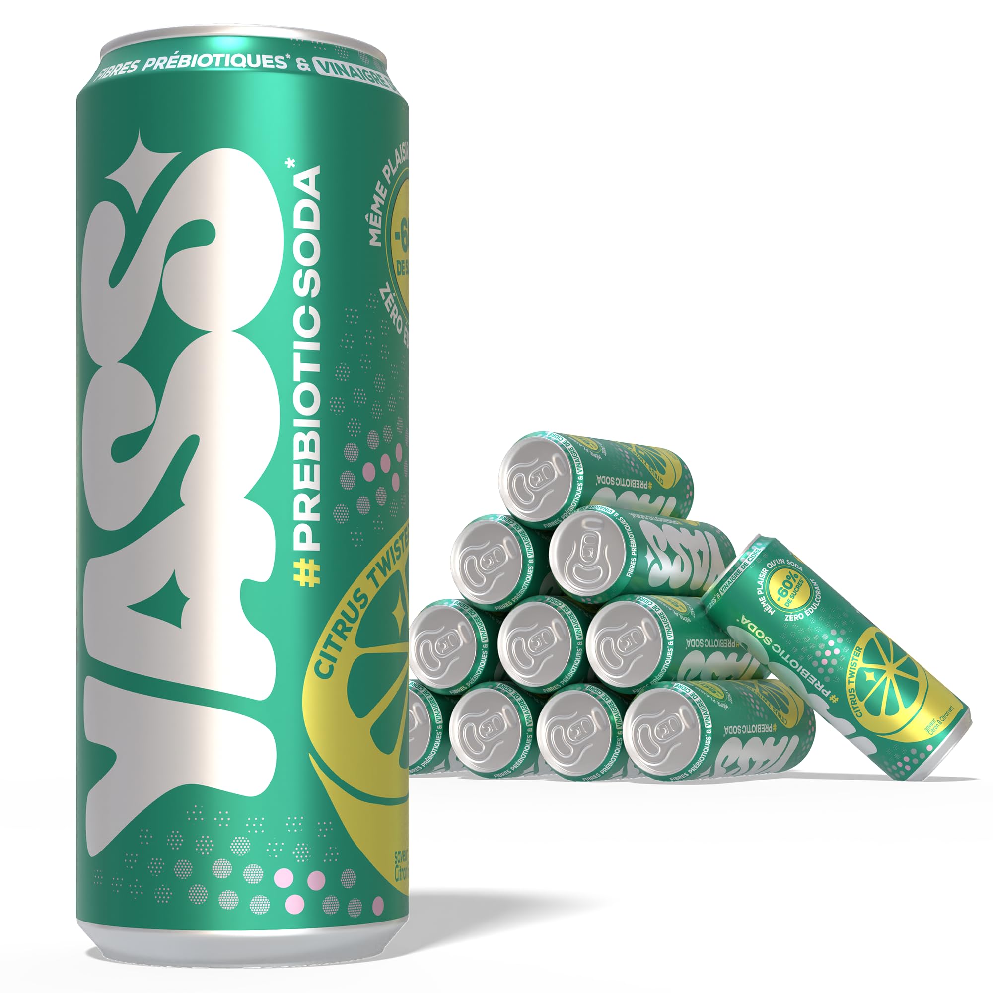YASS Soda Prébiotique -Saveur CITRUS TWISTER - Le Soda Sain & Stylé qui Prend Soin de Ton Ventre 6.6g de Fibres et -60% de sucre-12 canettes de 33cl