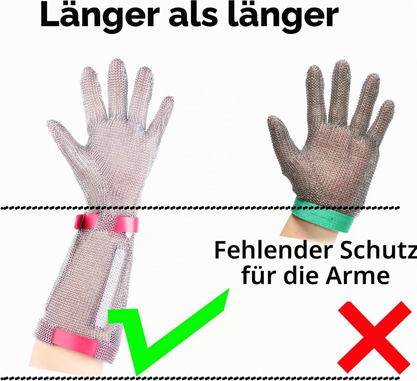 Profi Kettenhemd Handschuh aus Edelstahl, 15cm Lang, Schnittfest mit Kunststoffriemen, für Metzger und Fleischverarbeitung (L)
