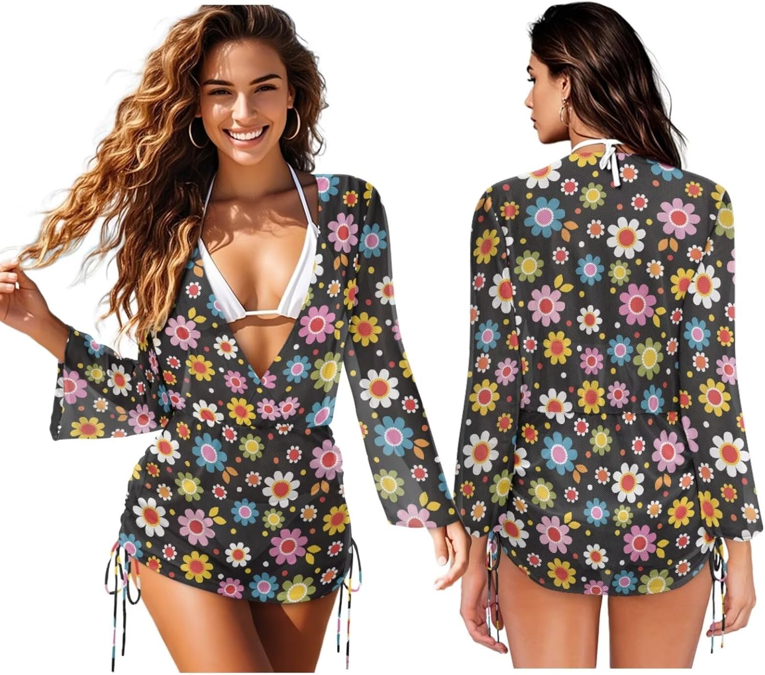 ZFRXIGN Womens Bathing Suit 3 Piece Triangle Bikini Set with Mesh Long Sleeve Cover up Beach XS-2XL