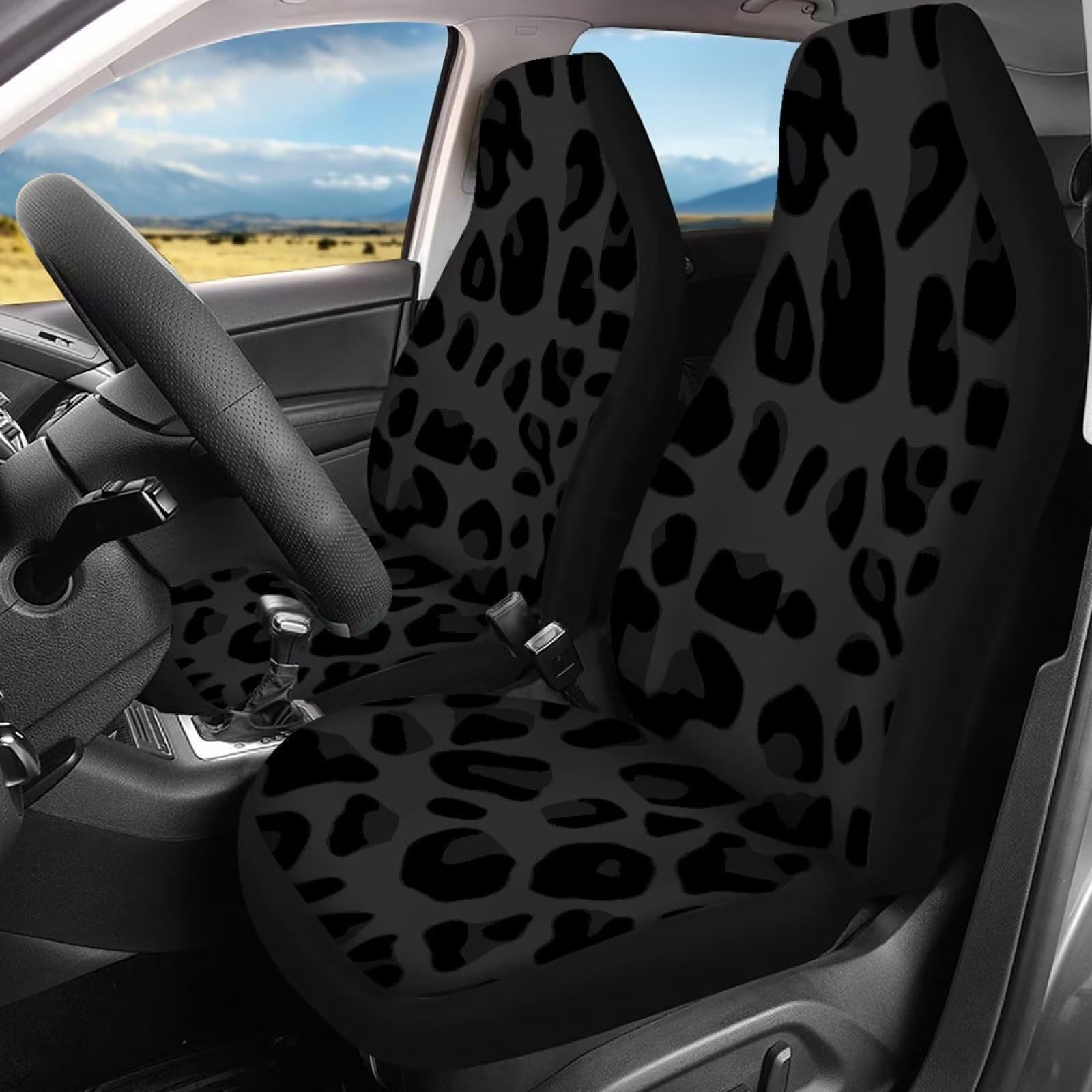 Schwarze Leoparden-Autositzbezüge, Vorderkissenbezüge mit passender Rückenlehne, Sitzbezug für die meisten Fahrzeugsitzschoner mit geteiltem Bank-Design, Auto-Innenbezüge