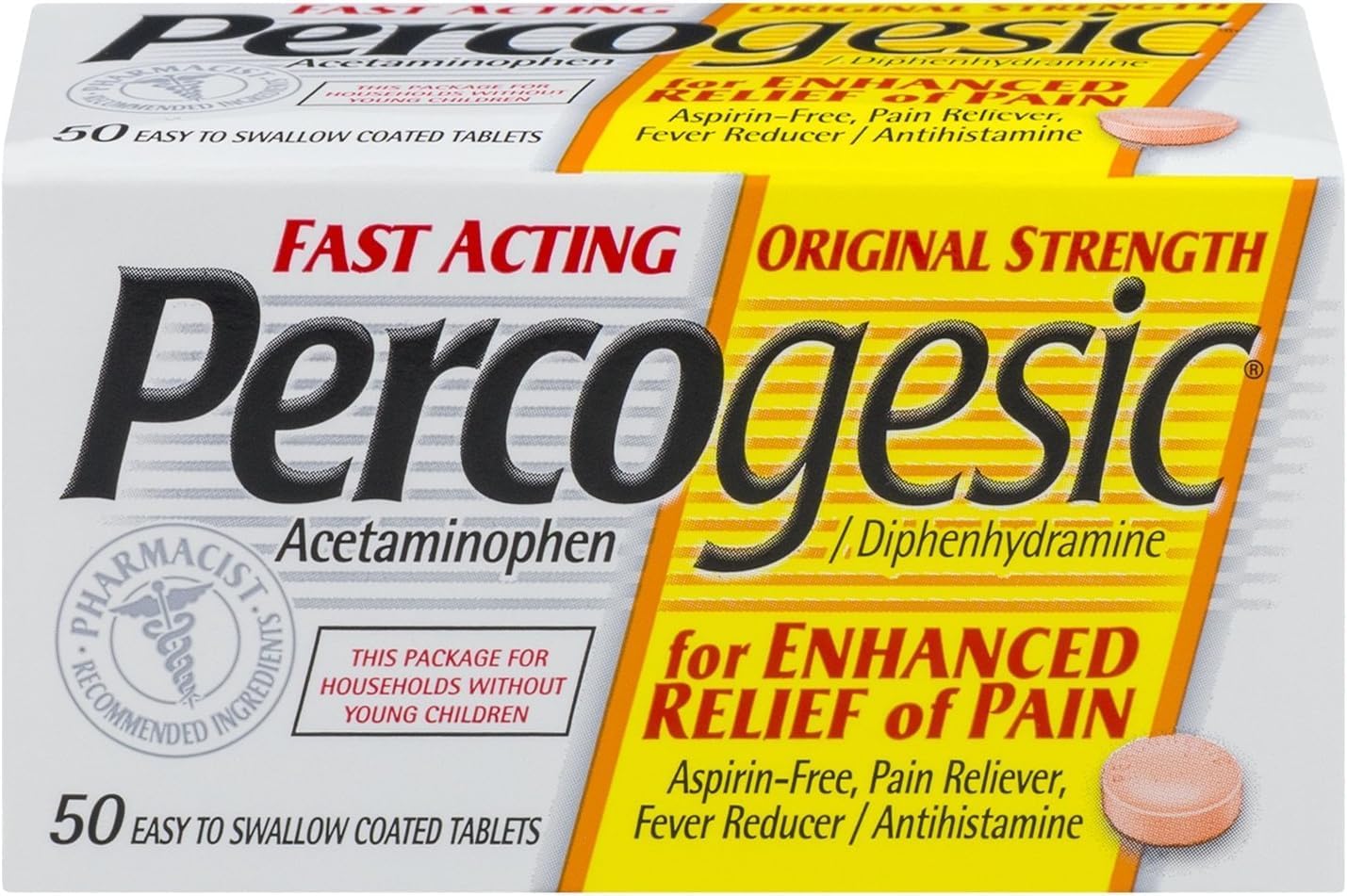 Percogesic Original Strength, Acetaminophen and Diphenhydramine, 50 Tablets (5 Pack)