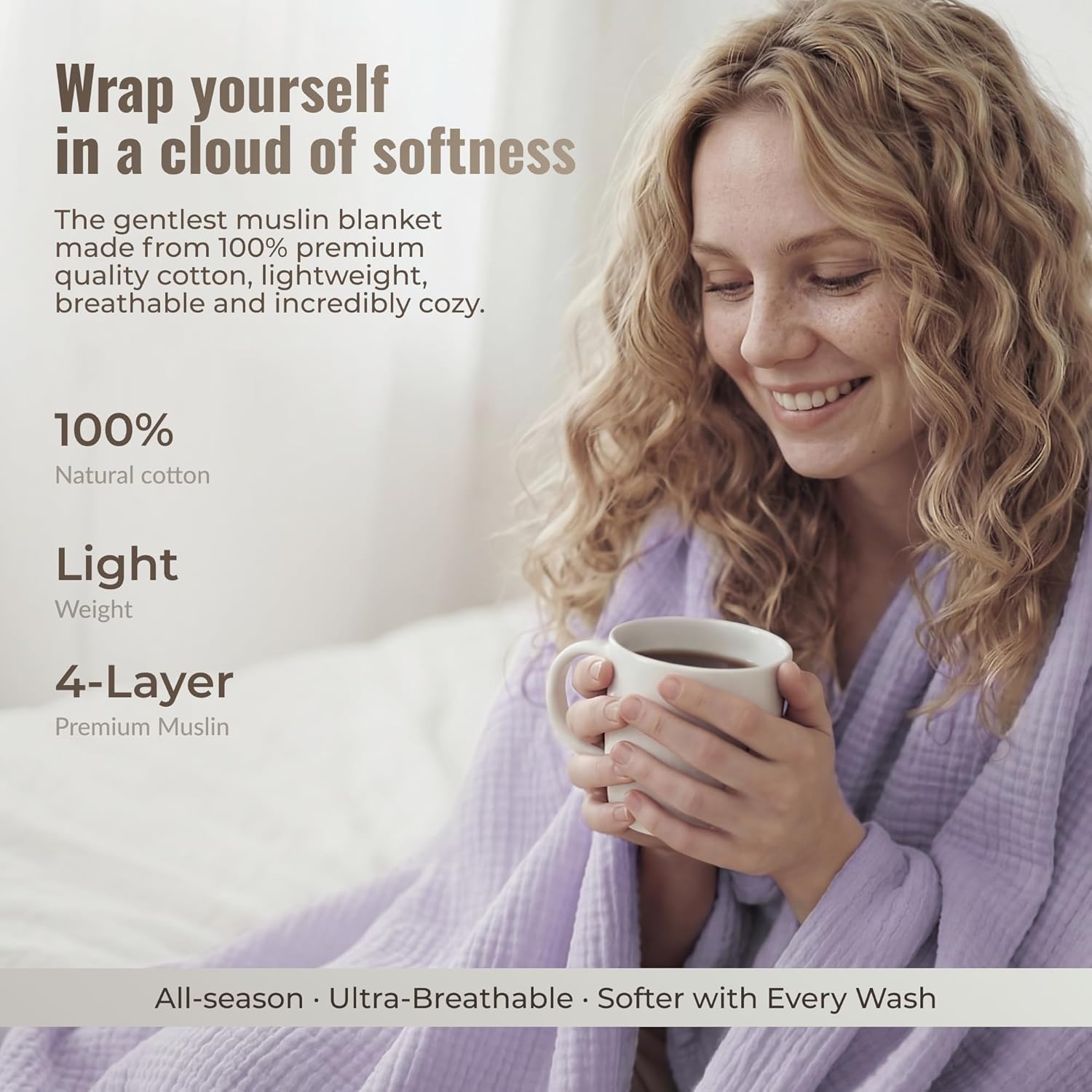 4-Layer Muslin Cotton Bed Blanket Twin Size (66 x 90 inches) – Soft, Breathable, Lightweight All-Season Gauze Blanket, Machine Washable – Lavender