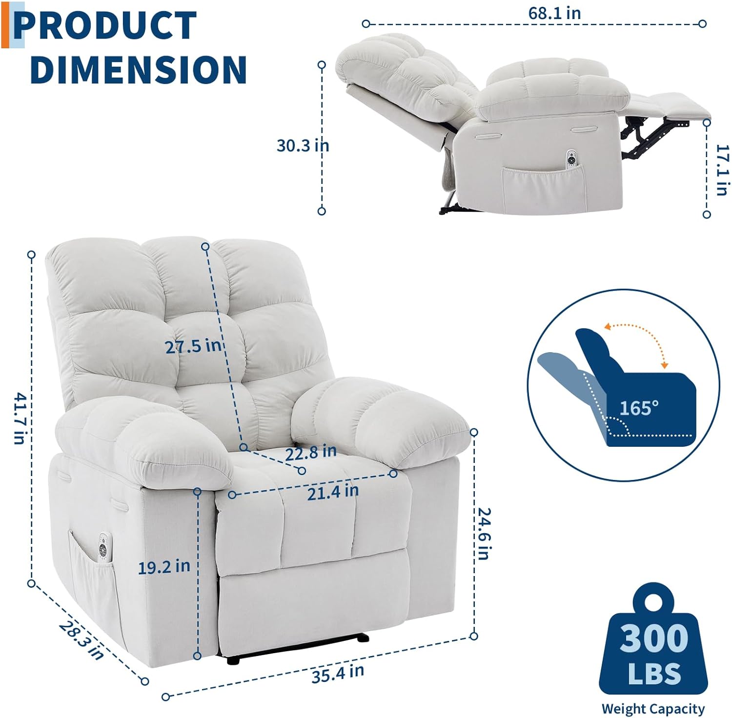 Recliner Chair, Wide Rocker Chair, Rocking Chair with Massage and Heat, Heat Ergonomic Overstuffed Breathable Fabric Reclining Chair with 2 Side Pockets, Remote Control, Living Room, Bedroom
