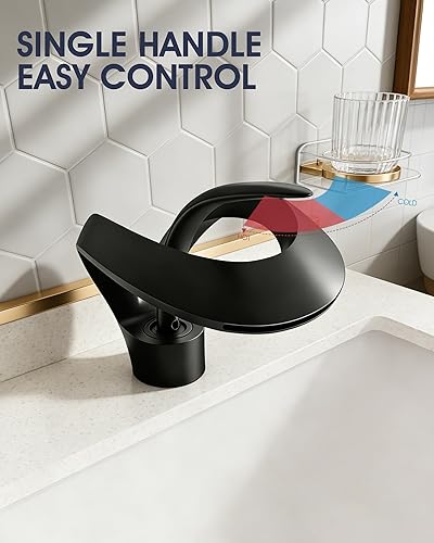 Miniatura 7 de AUU - Elegante grifo de lavabo de baño con un solo agujero, cascada negro mate, grifo de lavabo de latón sólido, grifo de lavabo de una sola manija