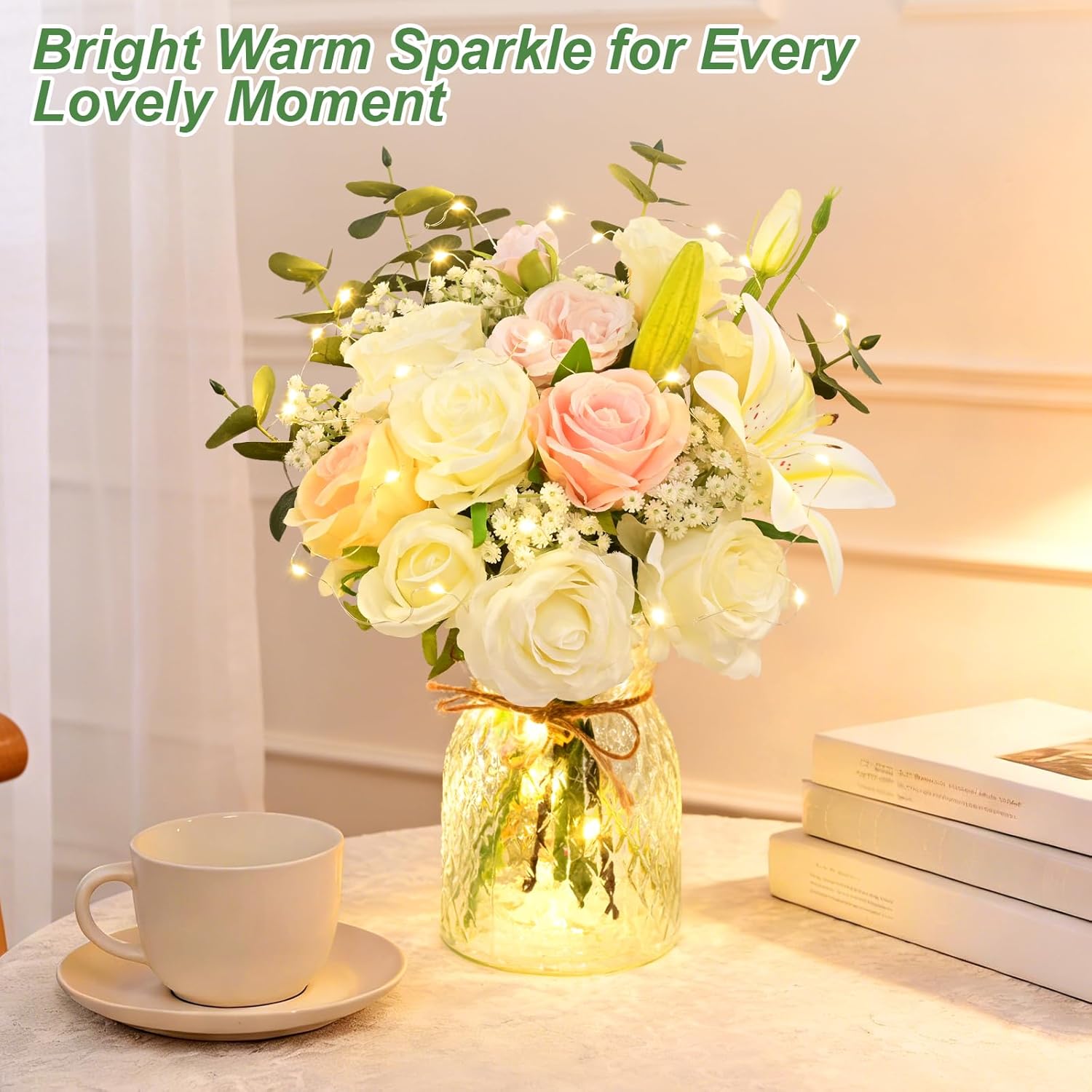 Livole 22Pcs Fake Flowers with Vase Silk White Artificial Flowers in Vase with Light Fake Plant Eucalyptus Flower Arrangement for Table Centerpieces Decor for Living Room Coffee Home Farmhouse
