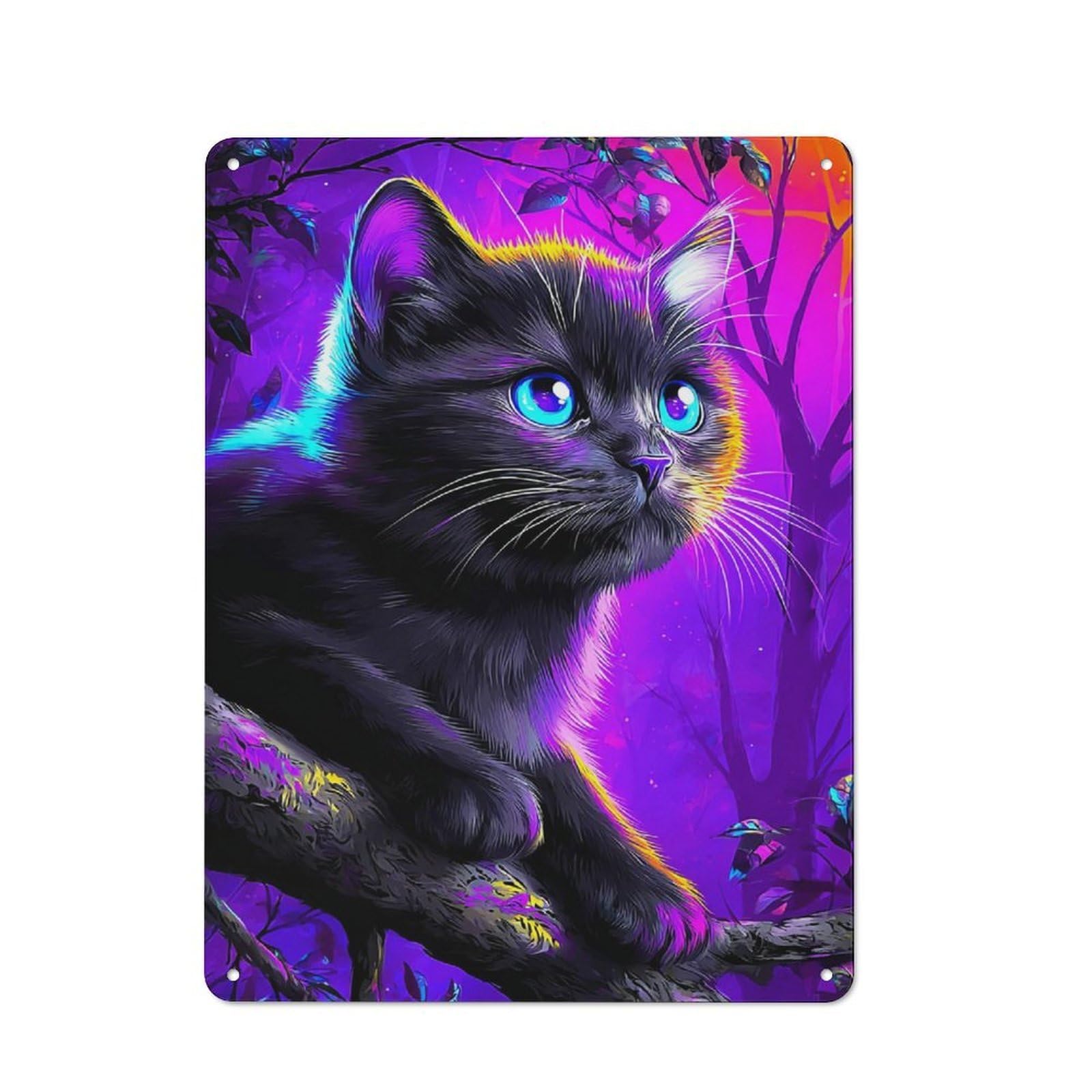 Junmoney Neon Cat In Fantasy Forest Printed Metal Sign 40X30cm For Lounge Or Reading Corner, Suited To Lounge Decor Fans
