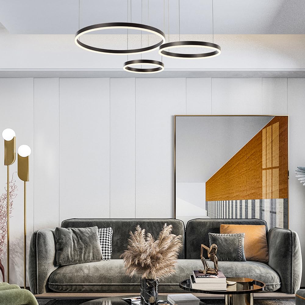STARRYOL Lampada a sospensione moderna a LED, lampadario a sospensione a luce regolabile a 3 anelli Lampadario moderno a soffitto, dimmerabile 2700K - 6500K, con telecomando 78w - nero