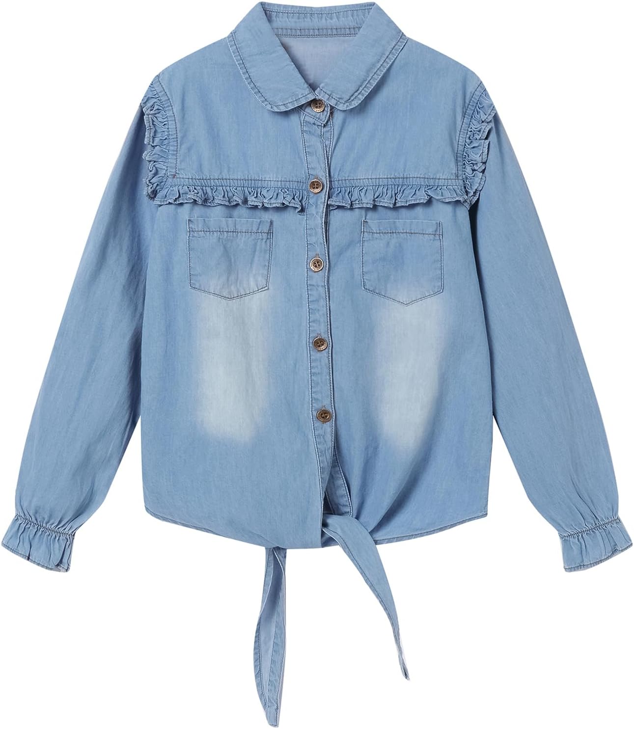 LittleSpring Girls Button Down Denim Shirt with Tie Front