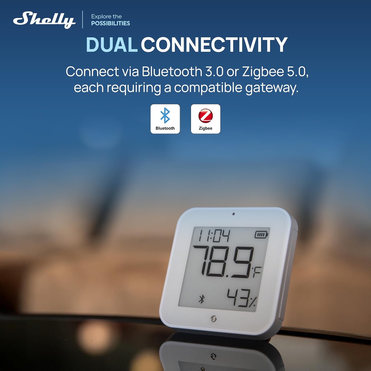 Shelly BLU H&T Display ZB Black, Bluetooth & Zigbee Operated Temperature & Humidity Levels Sensor, E-Paper Display, Home Assistant, Alexa, Google Home, Real-Time Monitoring, Long-Life Battery