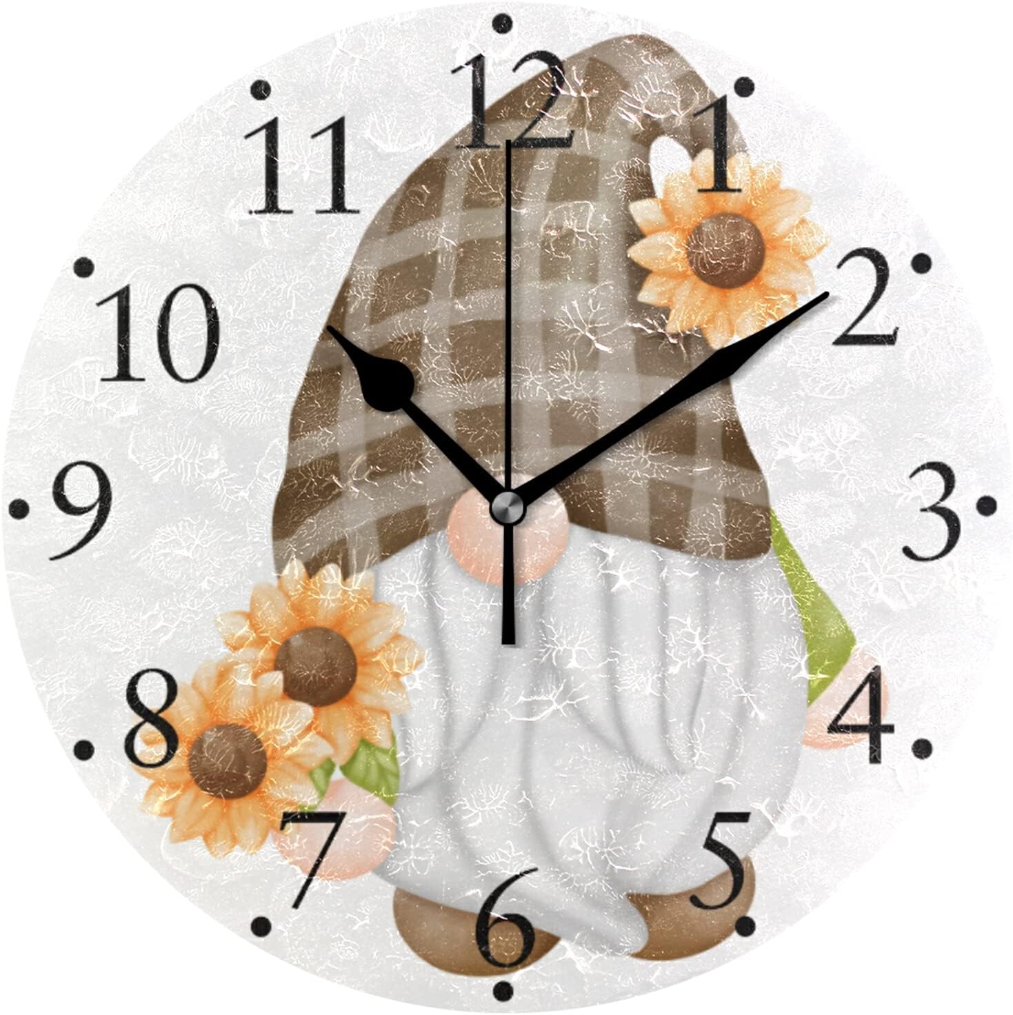 Sunflower Gnome Wall Clock Silent Non Ticking Modern Art Round Wall Clock Hanging Battery Operated Clock for Kitchen Living Room Bedroom Decor