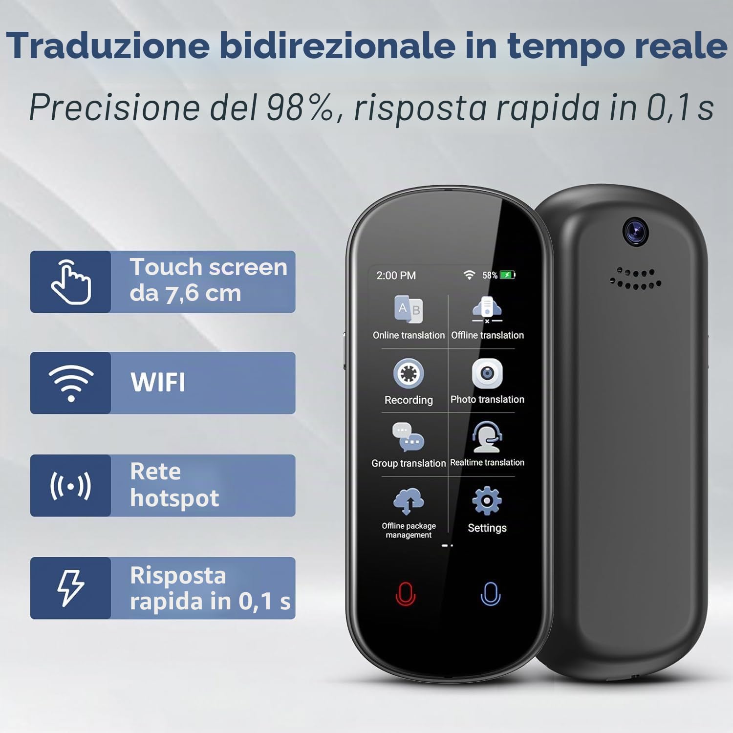 Dispositivo traduttore linguistico, supporto per traduttore vocale offline, registrazione e traduzione di foto, traduttore istantaneo bidirezionale in tempo reale ad alta precisione, 150+ lingue, per