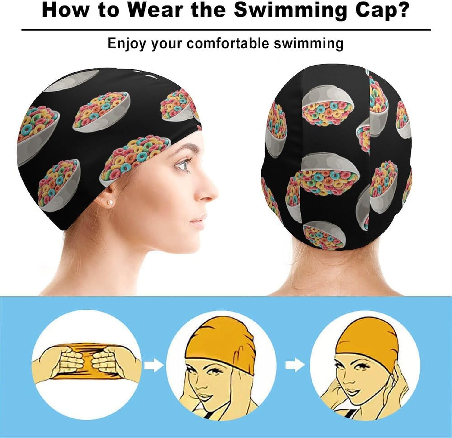 Bowl Filled Cereals Loops Womens Swim Cap for Men Adult Swimming Hat Curly Short Medium Long Hair