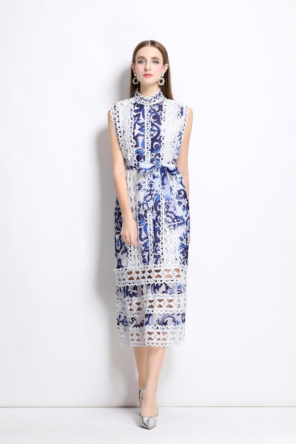 LAI MENG FIVE CATS Women's Sleeveless Hollow Out Lace Button Up Casual Midi Party Dress with Belt