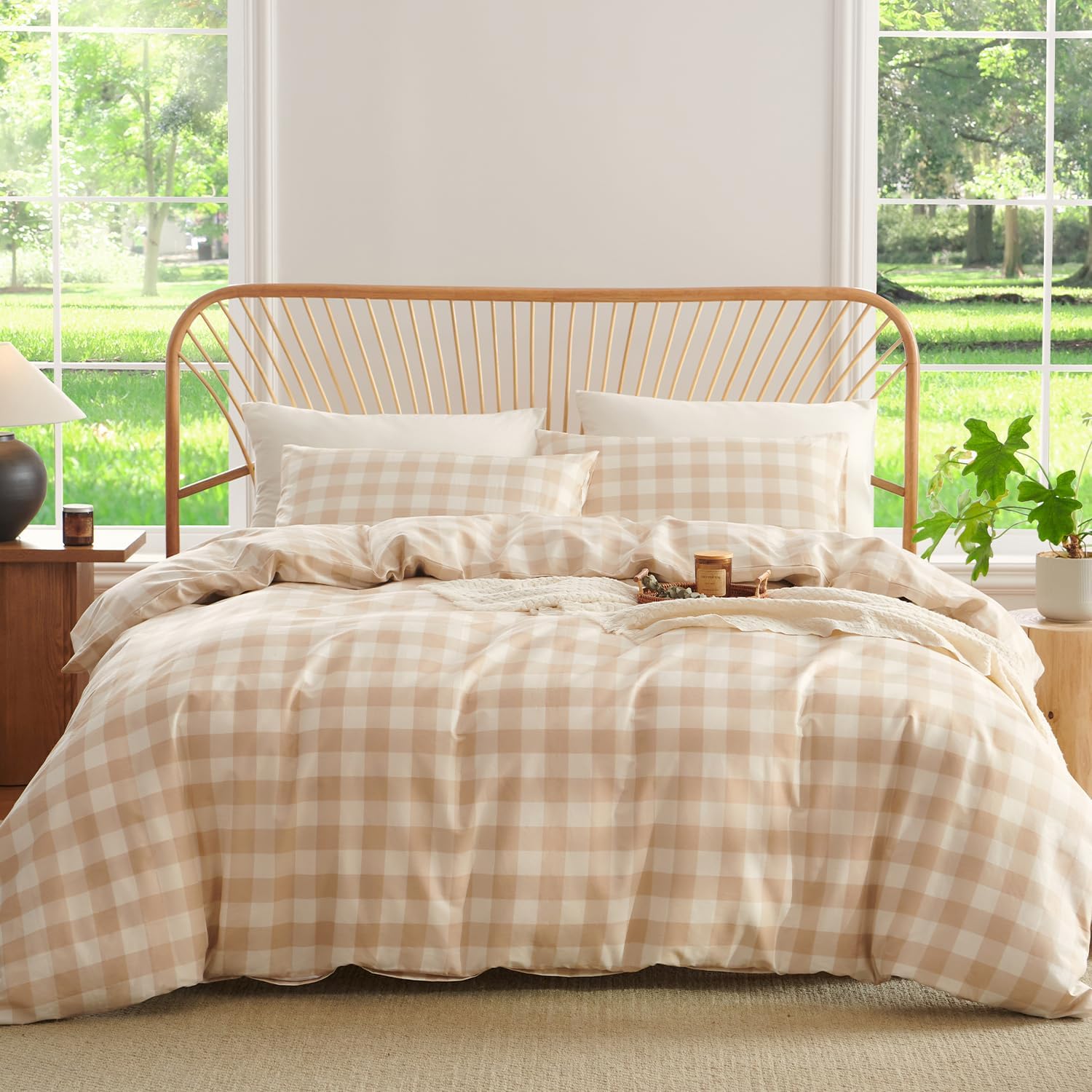 Green Gingham Duvet Cover Queen Size 100% Washed Cotton Duvet Cover Green Plaid Bedding Set Farmhouse Checkered Grid Bedding with 2 Pillowcases