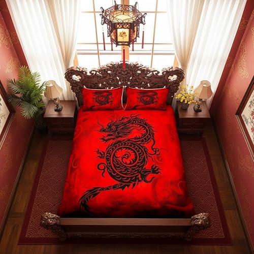 Castle Fairy Red Base Black Dragon Print Bedding Cover Sets Queen Chinese Dragon