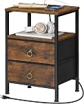 HOOBRO Table de chevet avec station de recharge, Table de nuit avec 2 Tiroirs en tissu, Table latérale avec sortie et USB Ports, EndTable avec rangement ouvert et caché, Rustic Brown BF110UBZ01