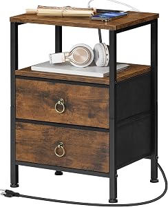 HOOBRO Nightstand with Charging Station, Bedside Table with 2 Fabric Drawers, Side Table with Outlet and USB Ports, EndTable with Open and Hidden Storage, Rustic Brown BF110UBZ01