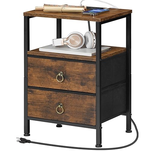 HOOBRO Nightstand with Charging Station, Bedside Table with 2 Fabric Drawers, Side Table with Outlet and USB Ports, EndTable with Open and Hidden Storage, Rustic Brown BF110UBZ01 - 1 - Rustic Brown+black