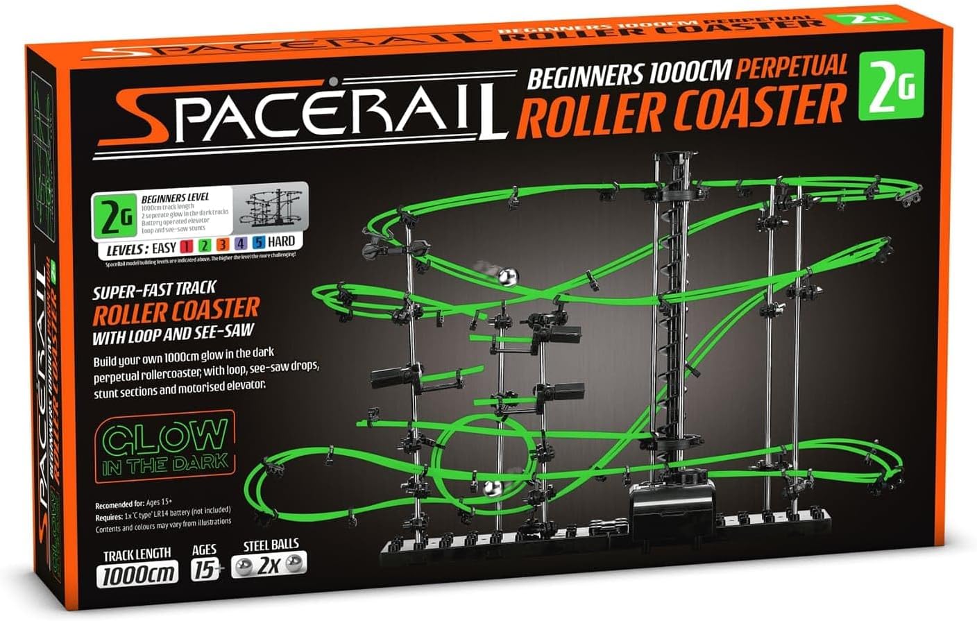 CKB LTD Space Rail Perpetual Rollercoaster Glow in The Dark Level 2 - Marble Roller Coaster Run DIY Track Build Kit Space Rail Track Run
