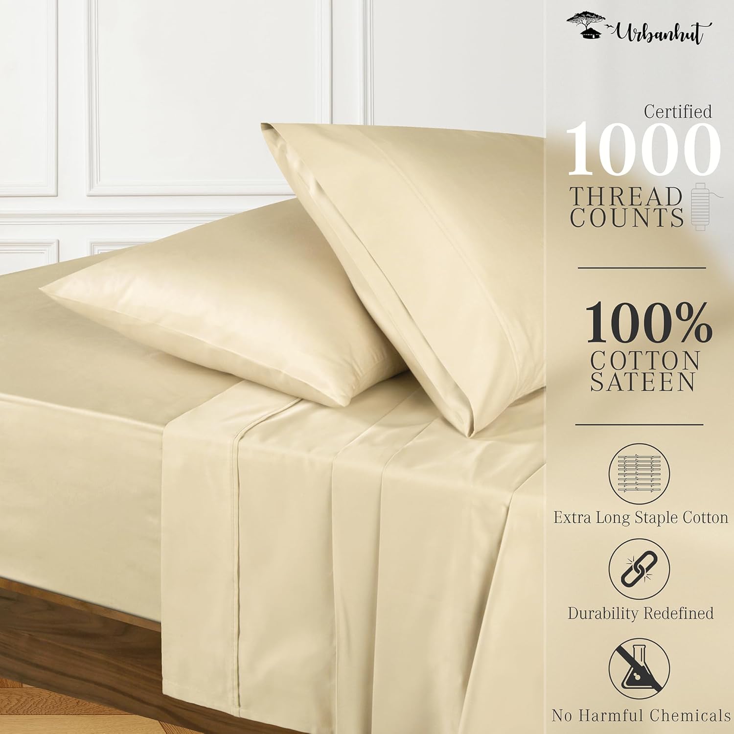 URBANHUT 1000 Thread Count 100% Cotton Twin Size Sheets, Soft & Breathable 4 Piece Bedsheet Set, Luxury Hotel Sheets Sateen Weave, Better Than Egyptian, 14" Elasticized Deep Pocket - Sand - Image 2