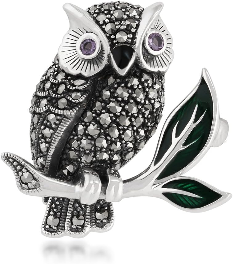 Amethyst & Enamel & Marcasite 925 Sterling Silver Owl Brooch